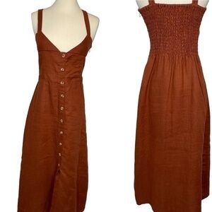 Faithful the Brand 100% Linen Midi Dress Smocked Back Straps Cinnamon Sz 8